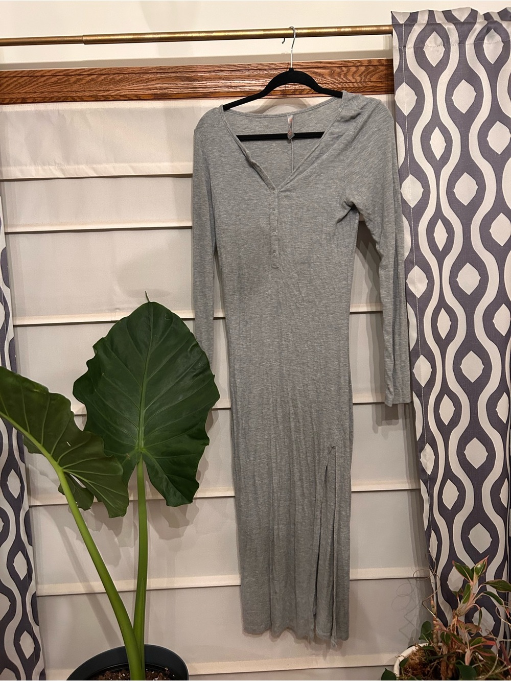 Gray Henley Ribbed MidiDress